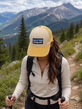 Retro Patagonia Two-Tone Trucker Hat in Beige and Yellow